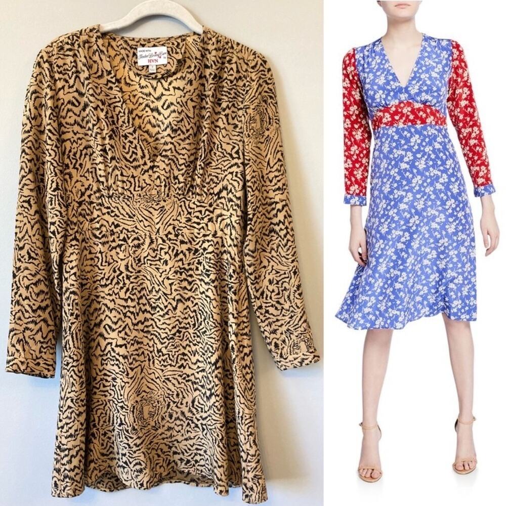 HVN Long Sleeve Mini Dress Harley Viera Newton Hoover Tiger Print V-Neck Silk 2